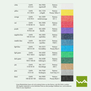 Tennisblende - Farbtabelle Grundmaterial