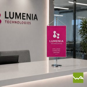 Tischfahne und Tischwimpel am Lumenia Empfangstresen