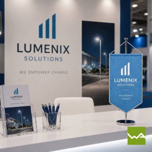 Tischfahne und Tischwimpel am Lumenix Messestand