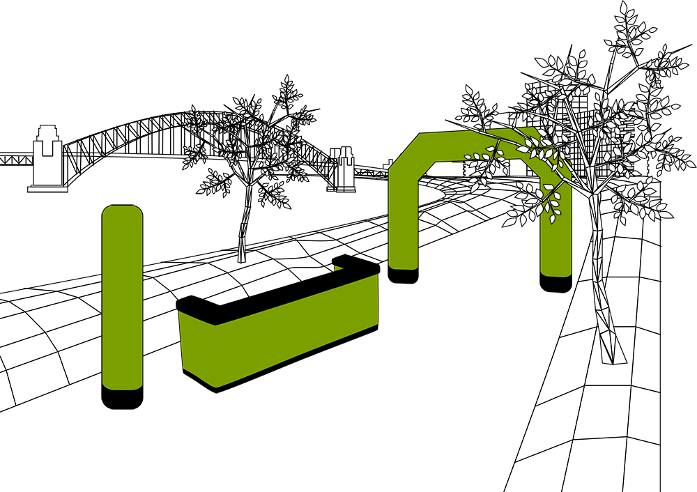 Aufblasbarer Werbebogen, aufblasbares DJ Pult und aufblasbare Leuchtsäule auf einer fiktiven Straße an einem Fluss